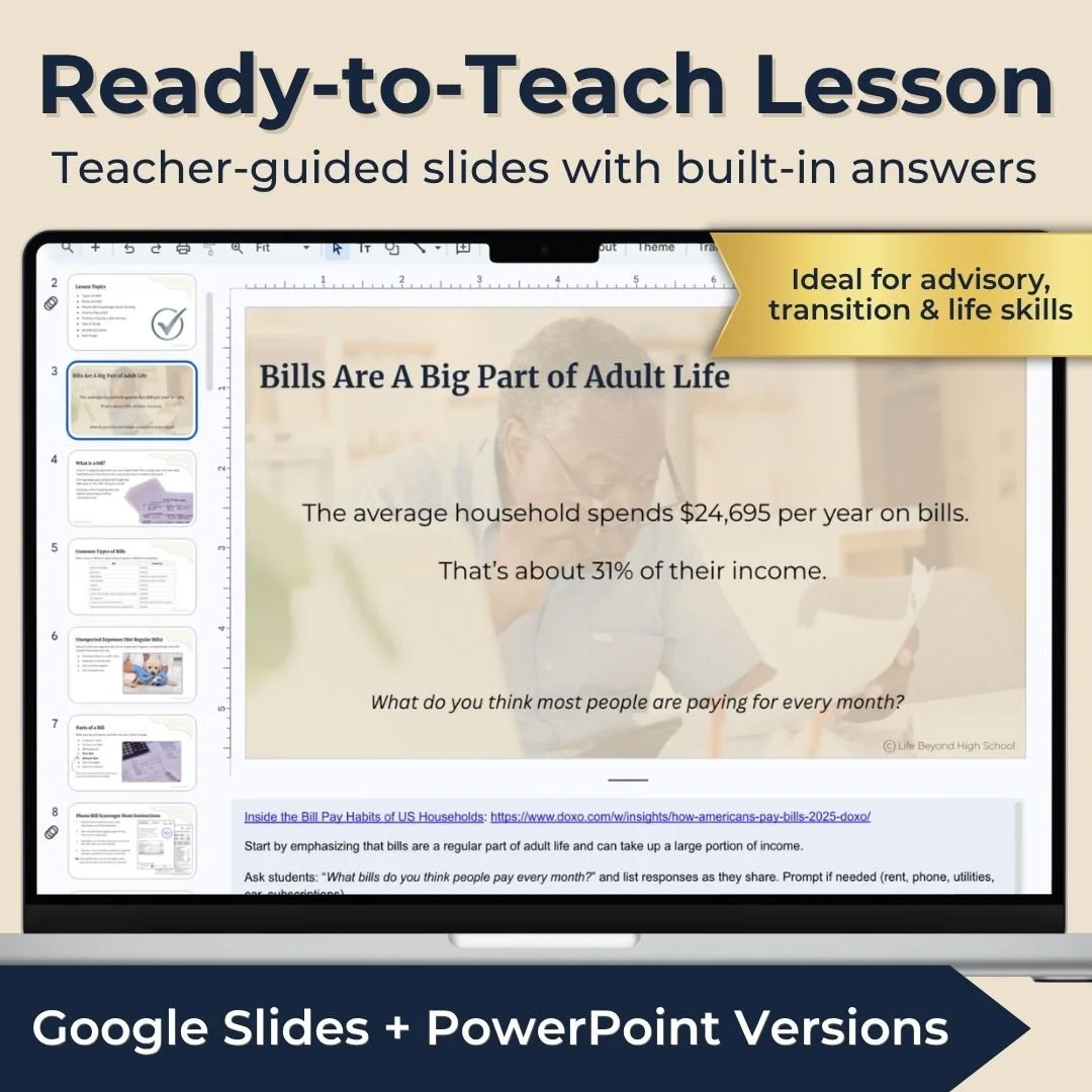 Ready-to-teach paying bills lesson with teacher-guided slides, built-in answers, and Google Slides and PowerPoint versions.