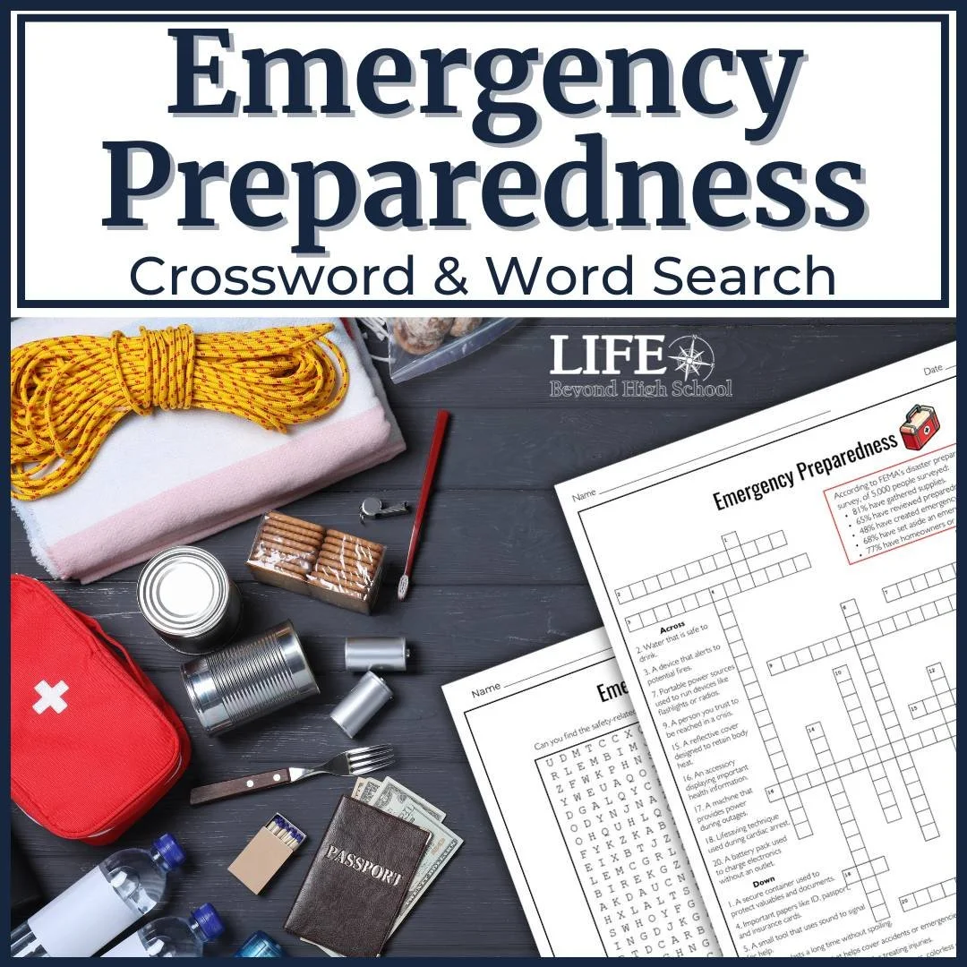 Emergency preparedness crossword puzzle, word search, and definitions sheet.