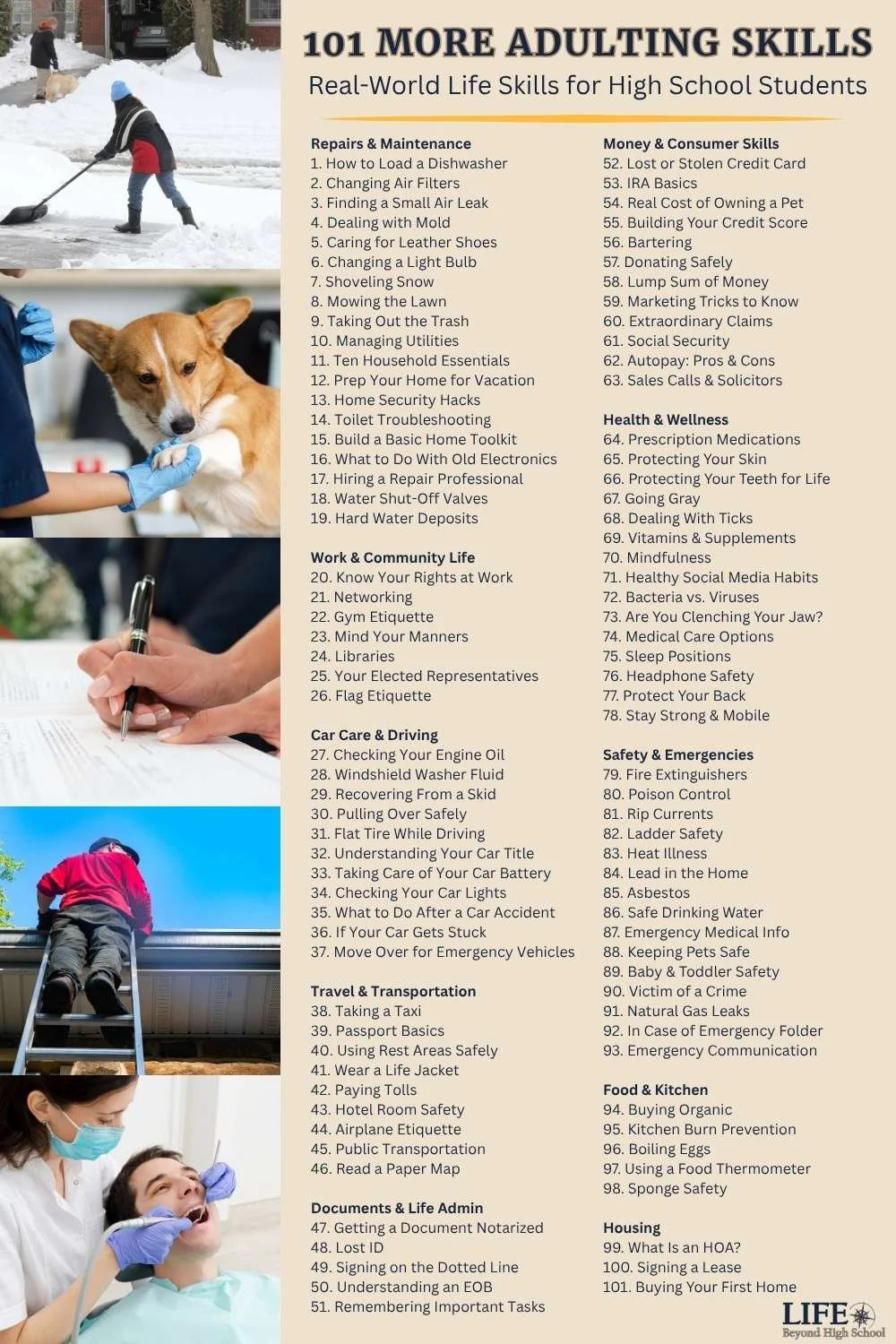 List of 101 real-world life skills mini-lessons in How to Adult, Volume 2, organized by topics including home maintenance, car care, money, health, safety, travel, and housing.