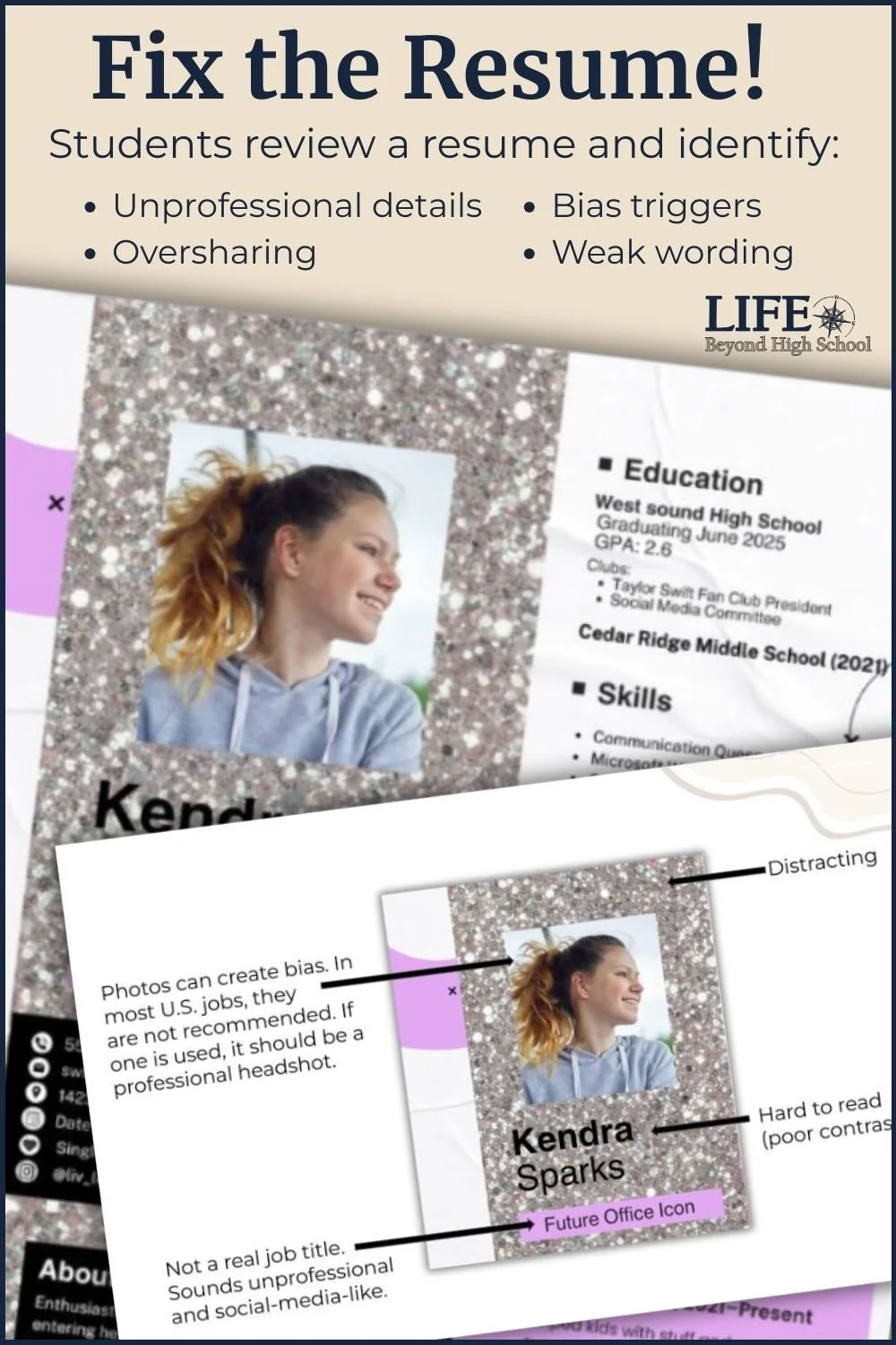 Close up of Resume 9-1-1 Activity where students look for unprofessional details, oversharing, bias triggers, weak wording