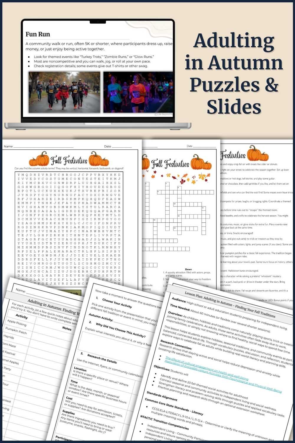 Components of Adulting in Autumn puzzle including crossword puzzle, word search, definitions sheet, note-taking guide, and ppt/google slides