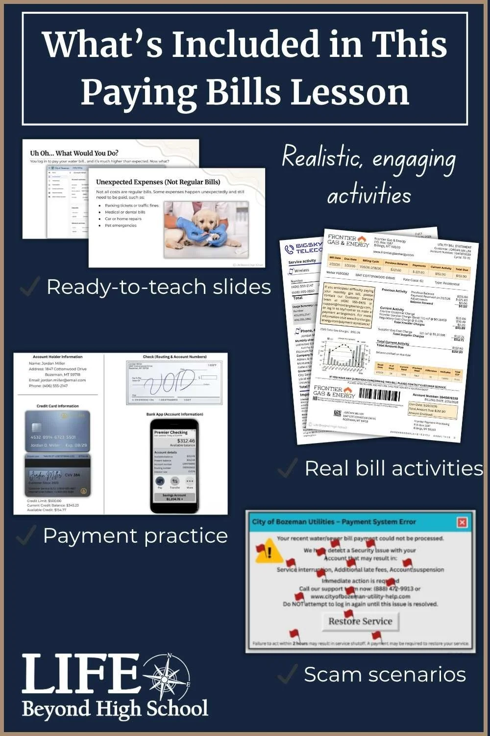 Slides, bill activities, payment practice, and scam scenarios with title "What's Included in Paying Bills Lesson"
