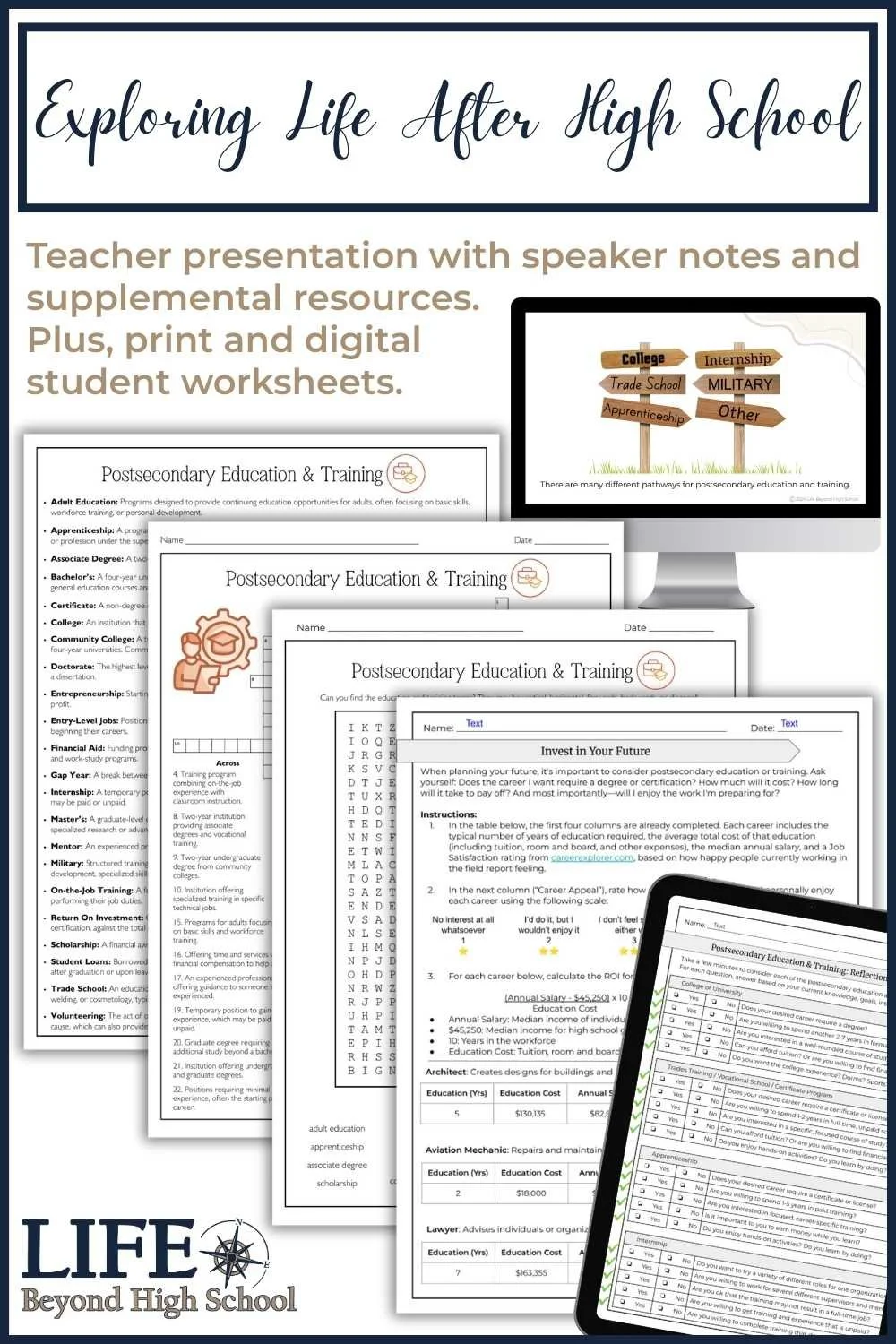 Resources included in the Exploring Life After High School Lesson, including the ready-to-teach presentation, vocabulary puzzles, reflection worksheet, and ROI activity.