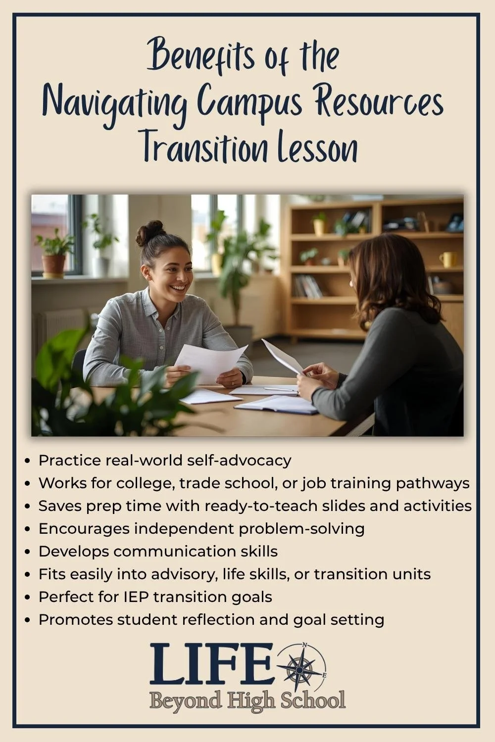 College student discussing campus resources with her advisor with a list of benefits of the Navigating Campus Resources lesson