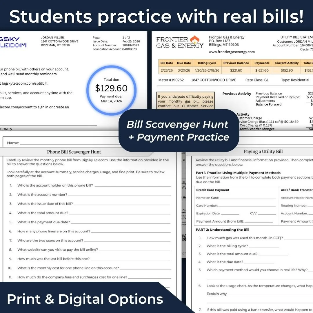 High school paying bills lesson with realistic phone and utility bills, a bill scavenger hunt, and payment practice activities.
