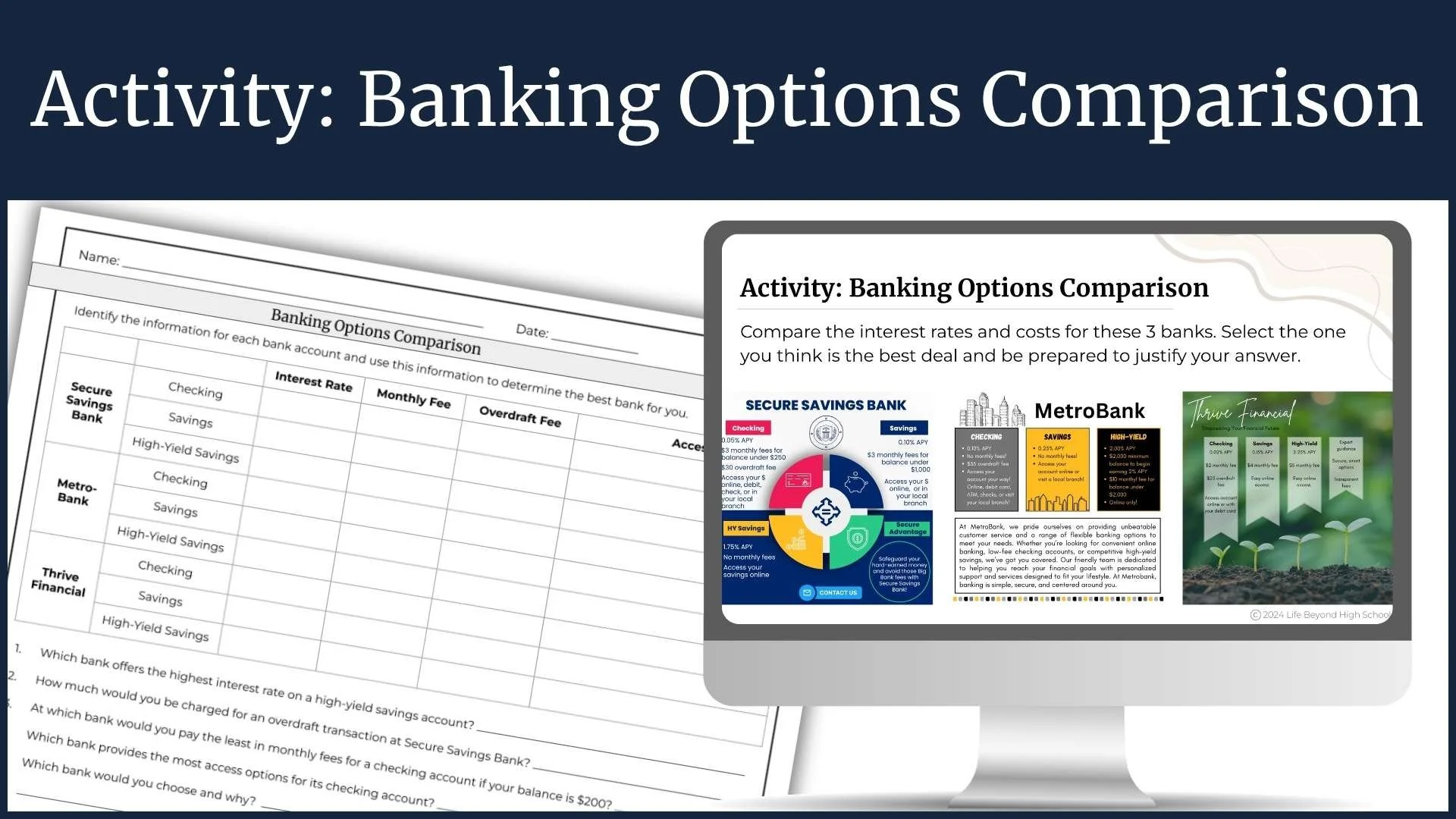 Banking options comparison activity for high school students with a worksheet and three sample banks to compare interest rates, fees, and account features.