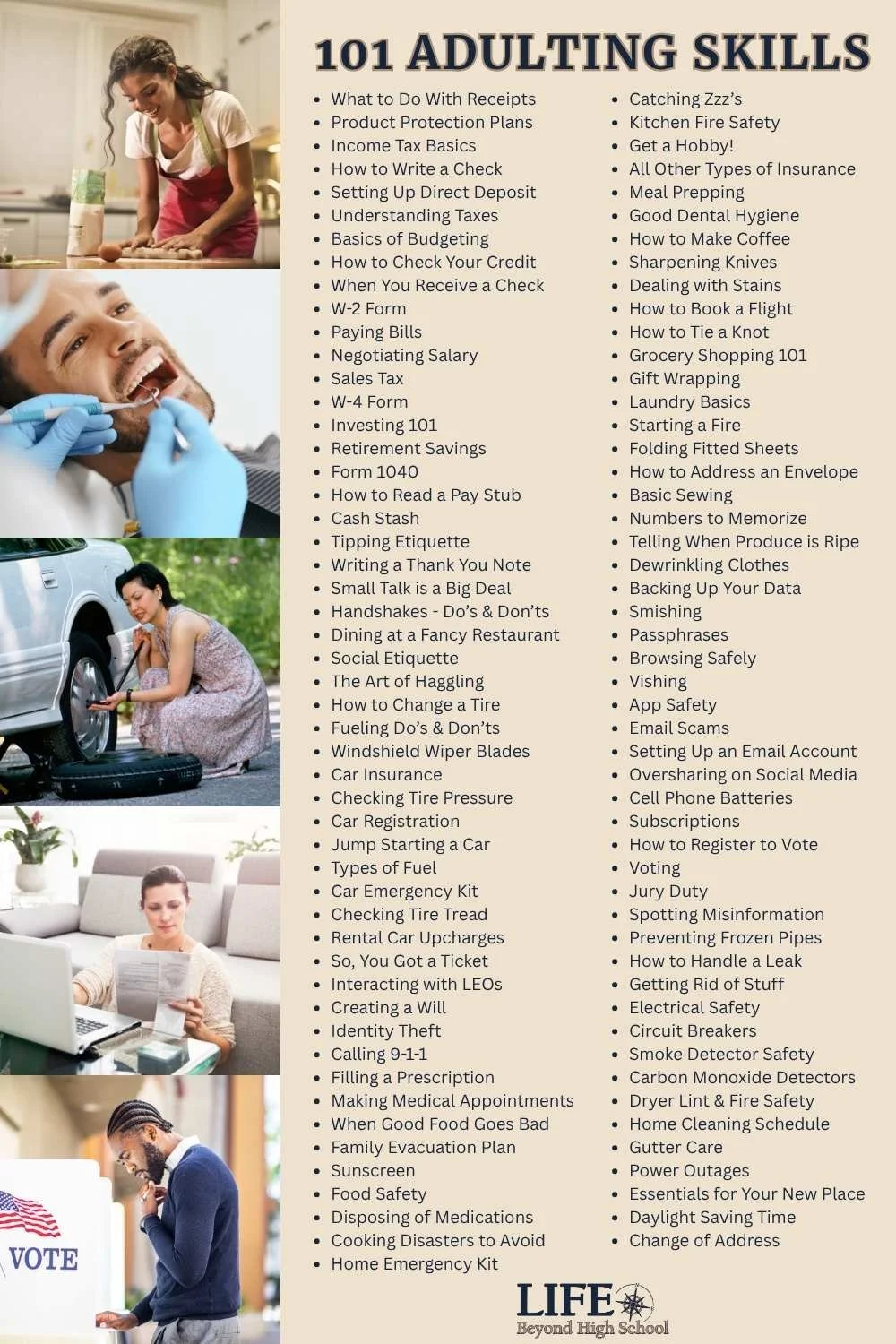 101 Adulting 101 mini-lesson topics covering personal finance, car care, health and safety, practical life skills, technology, civics, and home maintenance