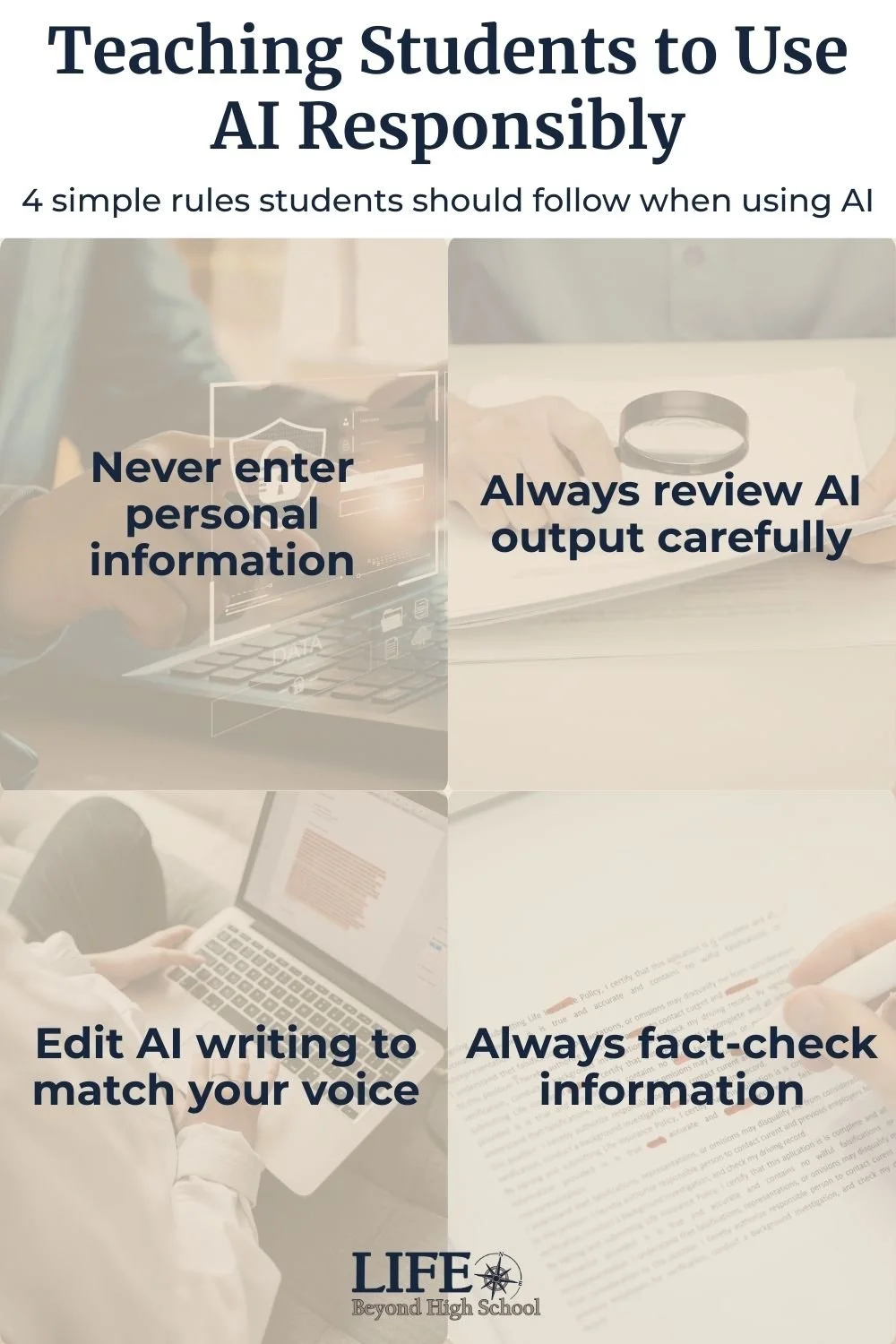 Four rules for responsible AI use: Never enter personal information, always review AI output carefully, edit AI writing to match your voice, and always fact-check information