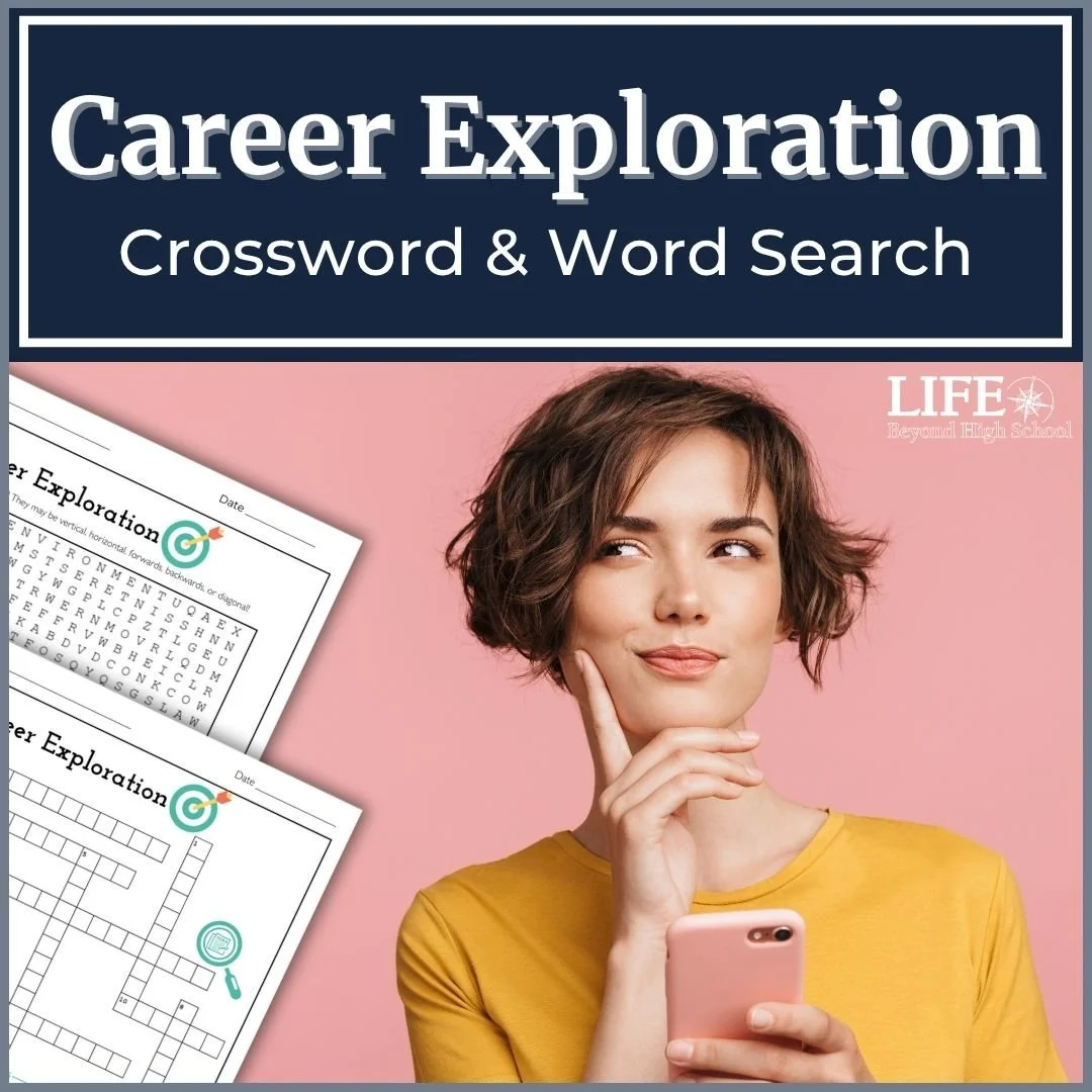 Young woman considering her career options overlaid by a career exploration word search and crossword puzzle