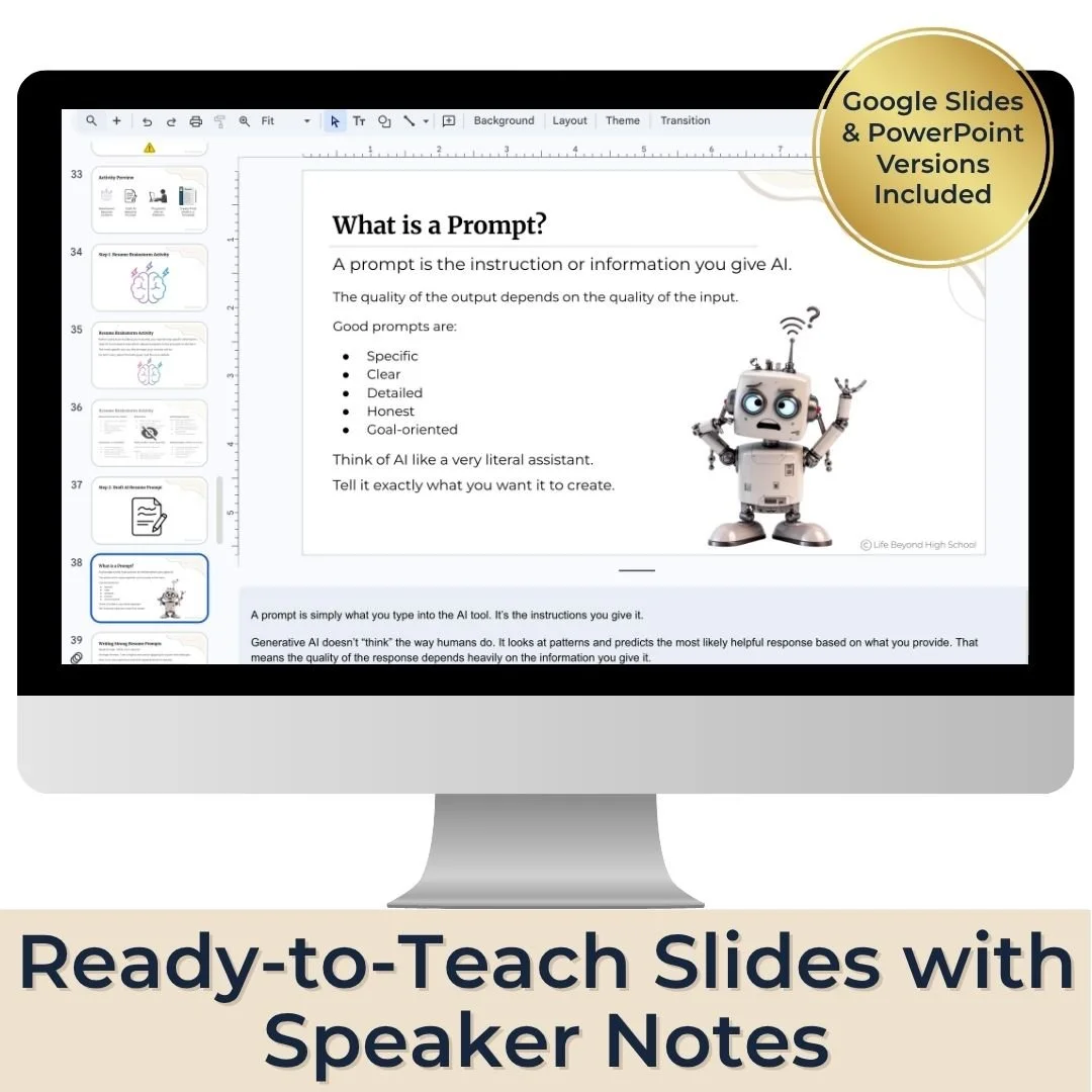 AI resume lesson presentation showing a prompt-writing slide with Google Slides and PowerPoint versions and teacher speaker notes.