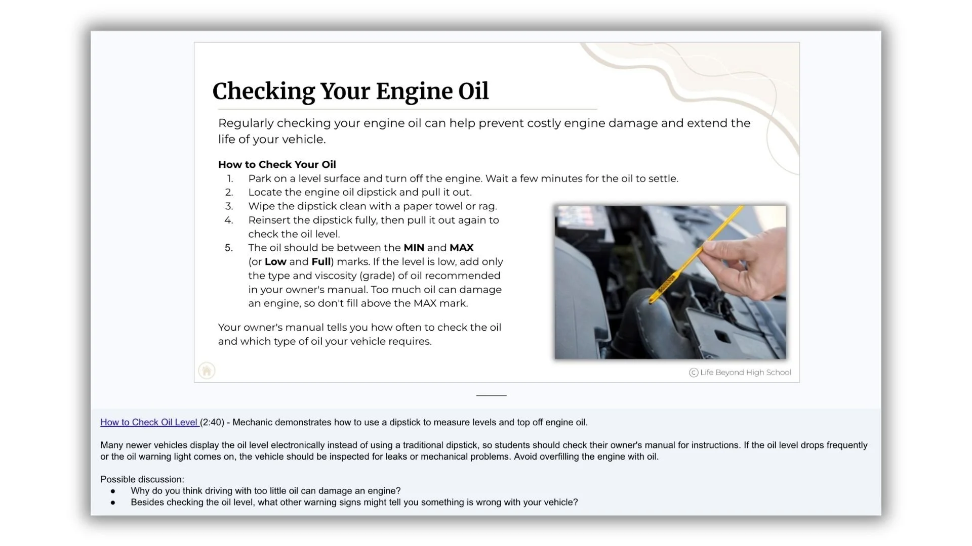 How to Adult Volume 2 mini-lesson on checking engine oil with step-by-step instructions, teacher notes, a video link, and discussion questions.