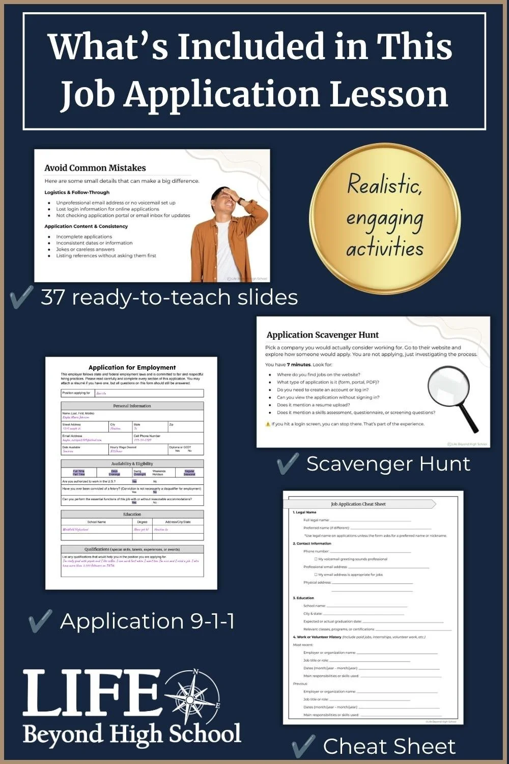 Job Application Lesson with 37 ready-to-teach slides, an application scavenger hunt, Application 9-1-1 activity, and cheat sheet.