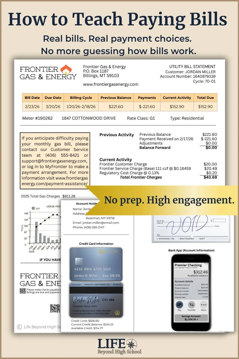 Realistic gas bill with payment options for student bill paying activity