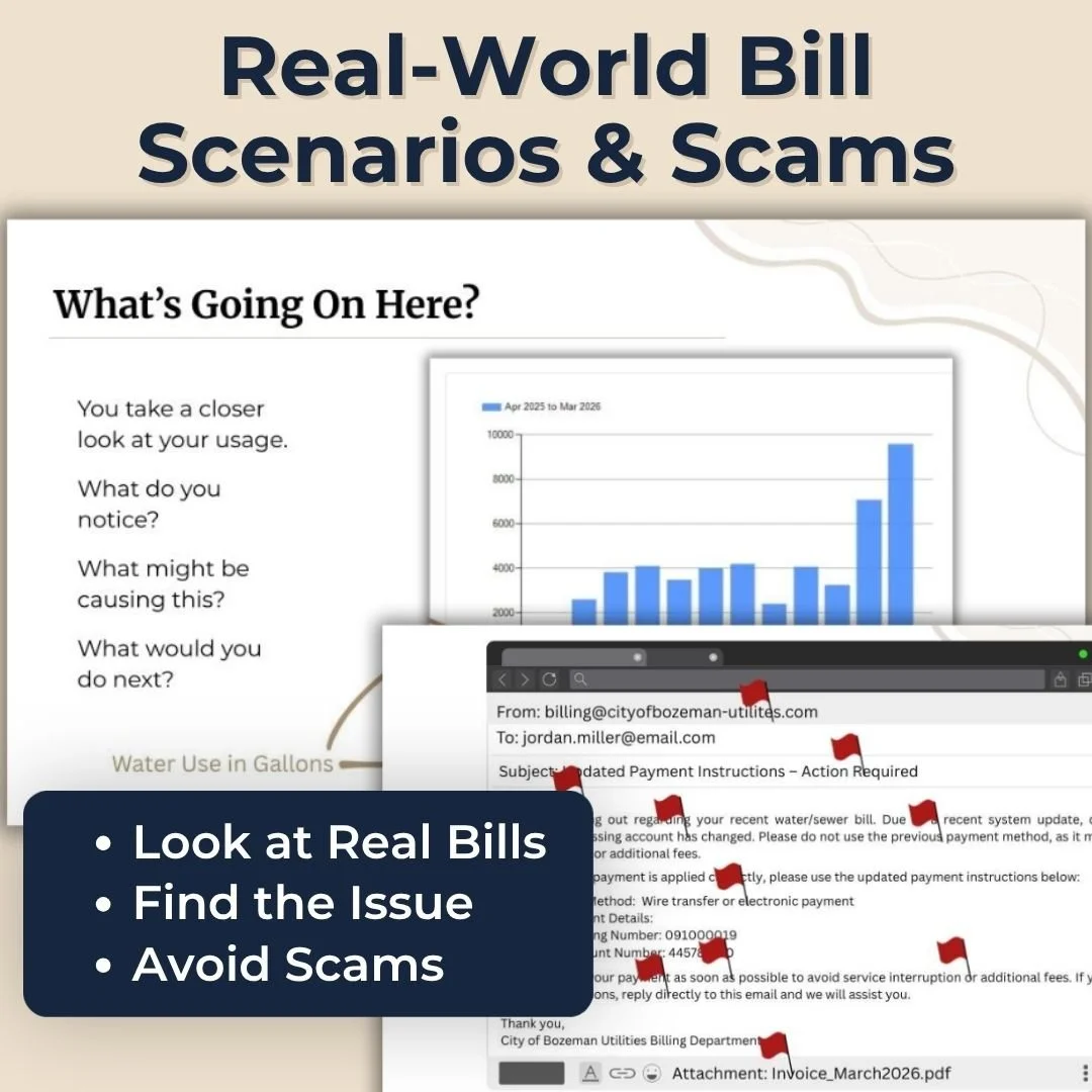 Paying bills activity with real-world billing scenarios that teach students to identify problems and avoid scams.