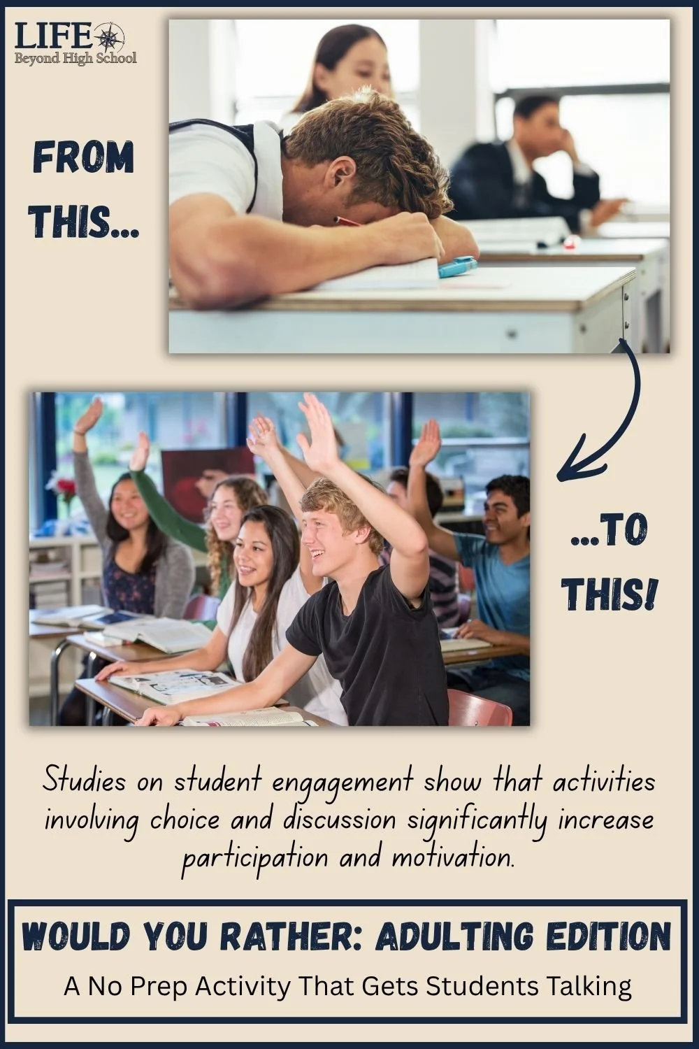 Bored high school students compared to engaged high school students with the title "Would You Rather: Adulting Edition"