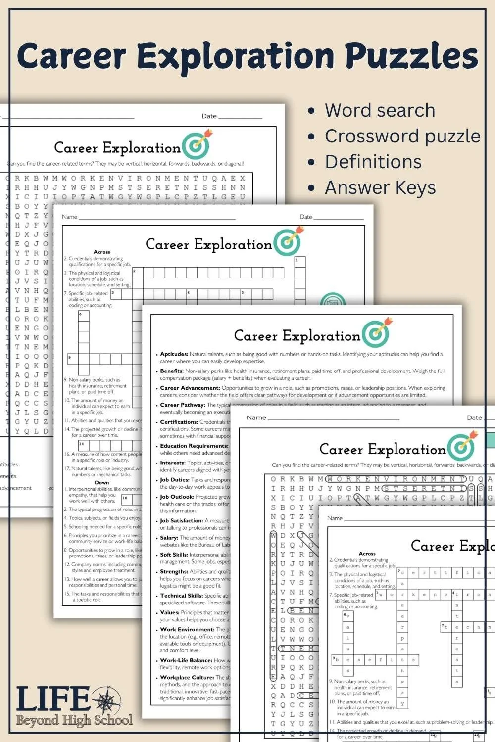 Career Exploration word search, crossword puzzle, definition sheet, and answer keeys