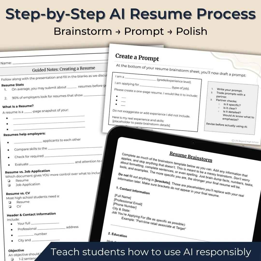 Step-by-step AI resume lesson with resume instruction, a makeover activity, brainstorming, prompt writing, peer review, and a gallery walk.