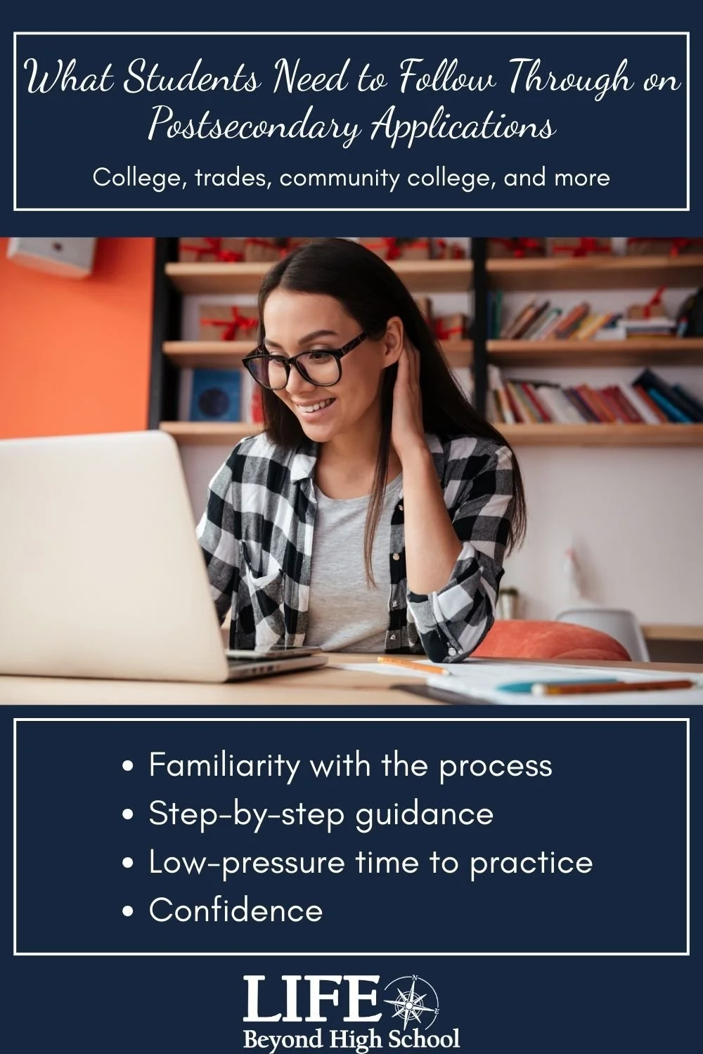 Young adult at laptop working on college applications with title "What Students Need to Follow Through on Postsecondary Applications"