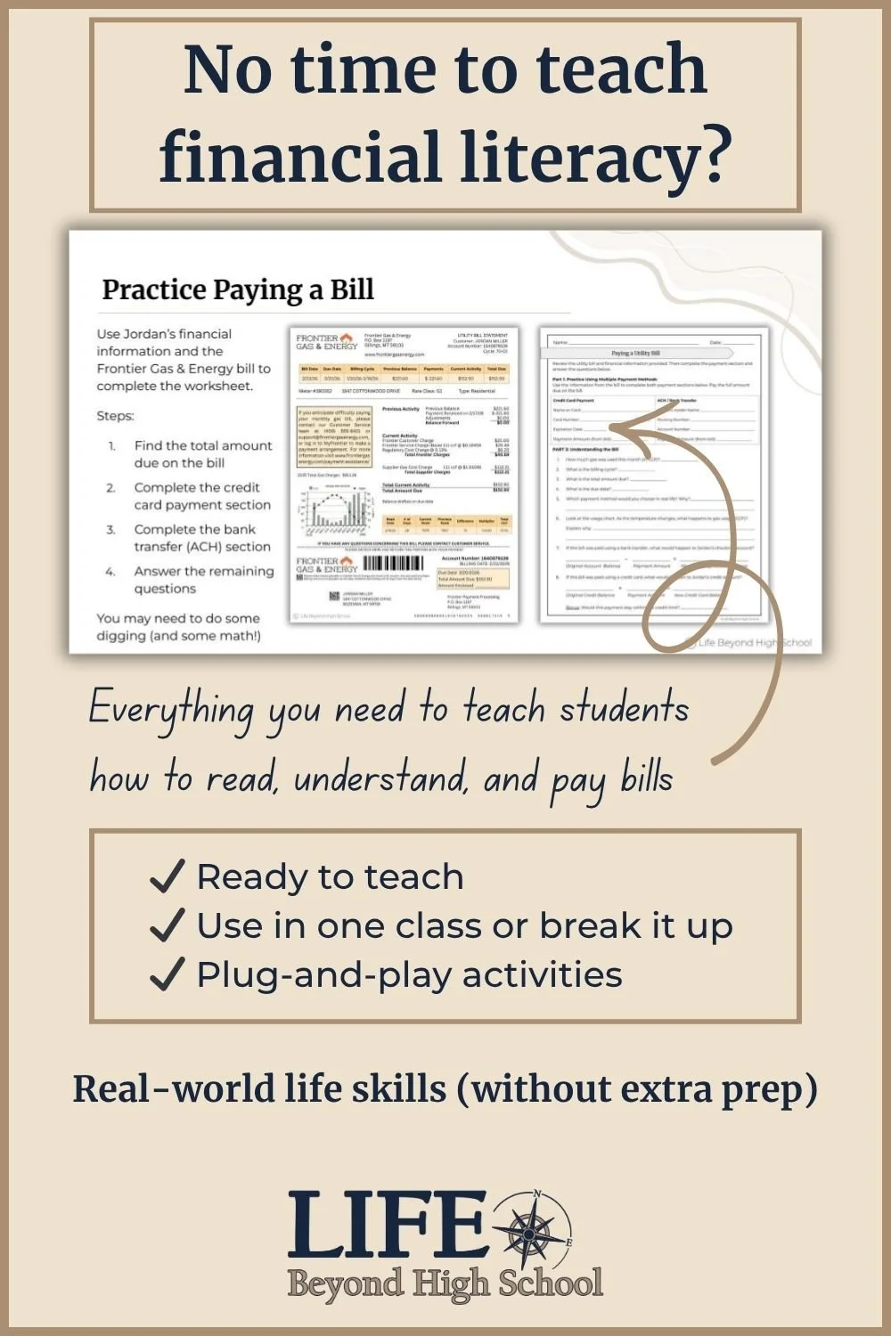 Paying bills activity with title "No time to teach financial literacy?"