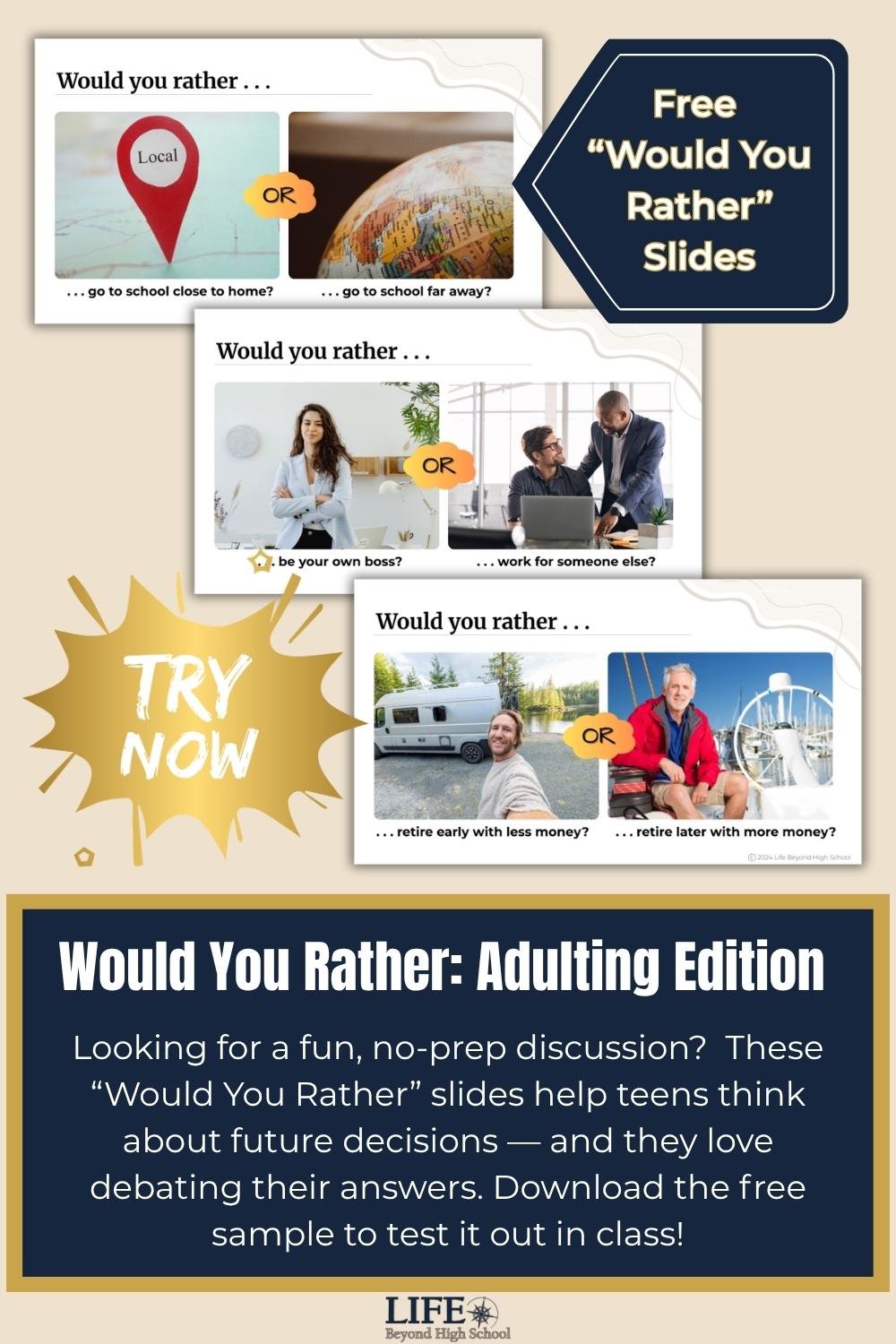 Sample slides from Would You Rather: Adulting Edition and call-out for free sample