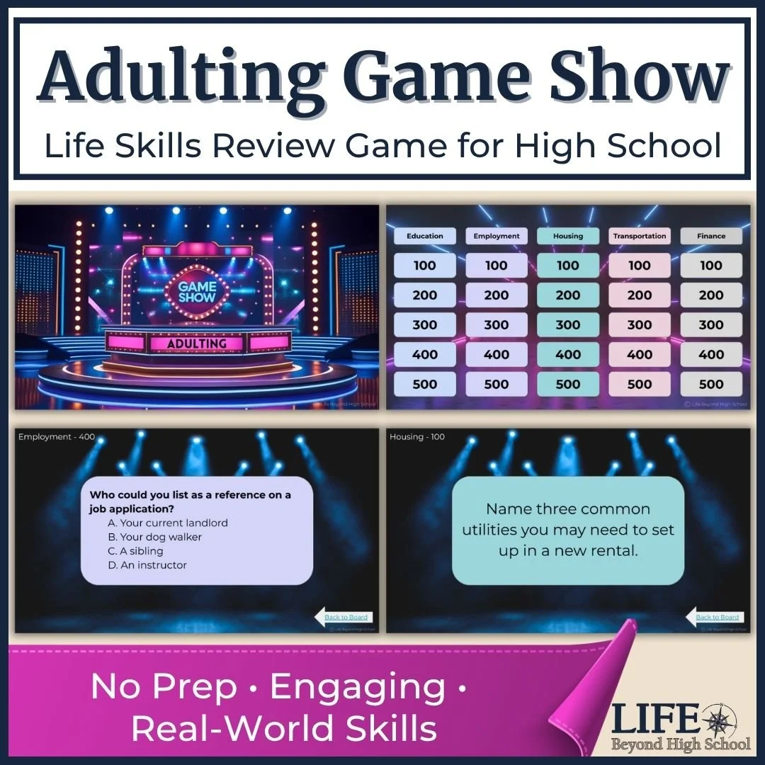 Adulting Game Show Life Skills Review sample questions and resource cover
