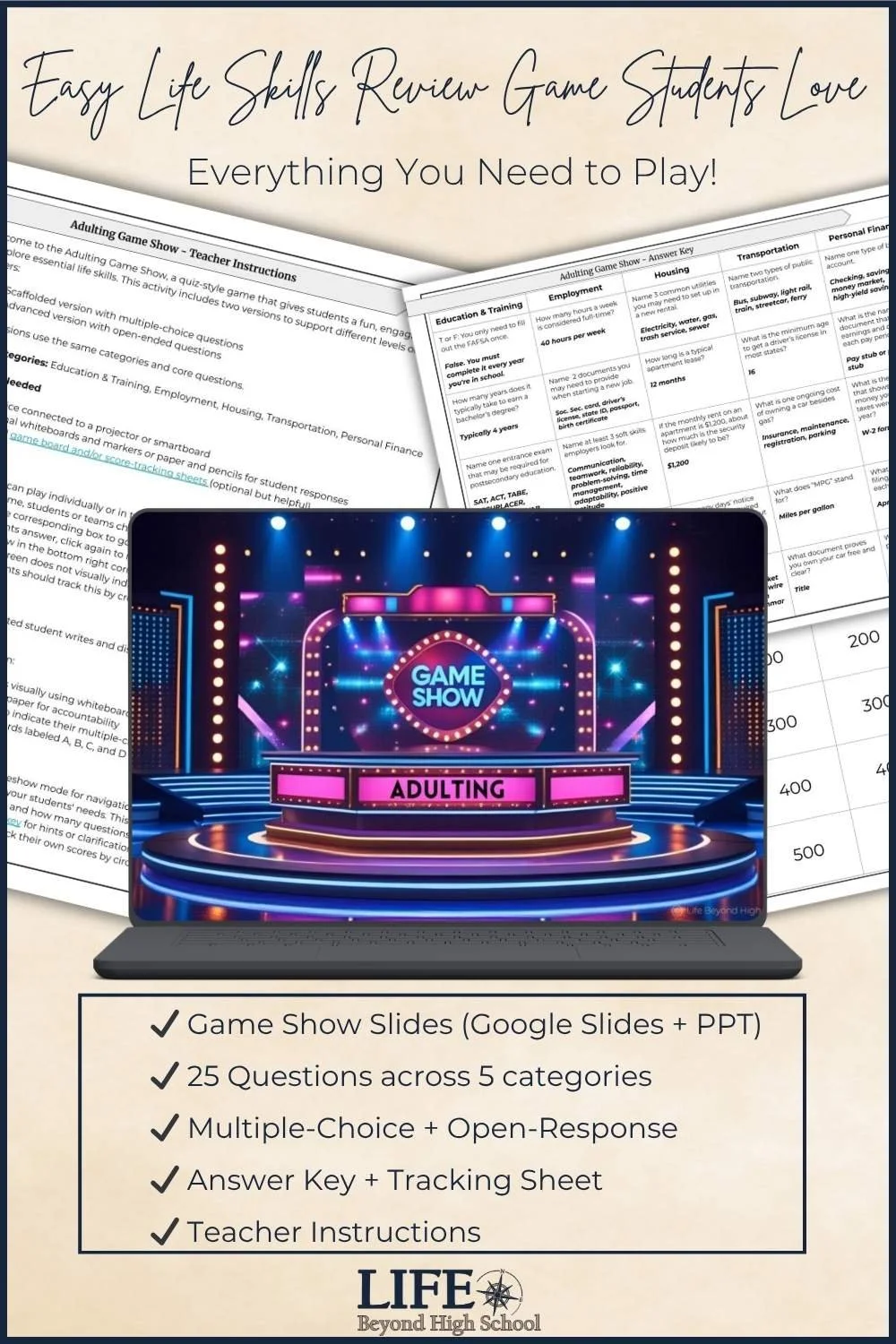 Life Skills Review Game teacher instructions, answer key, score tracker, and image of game on laptop with key features