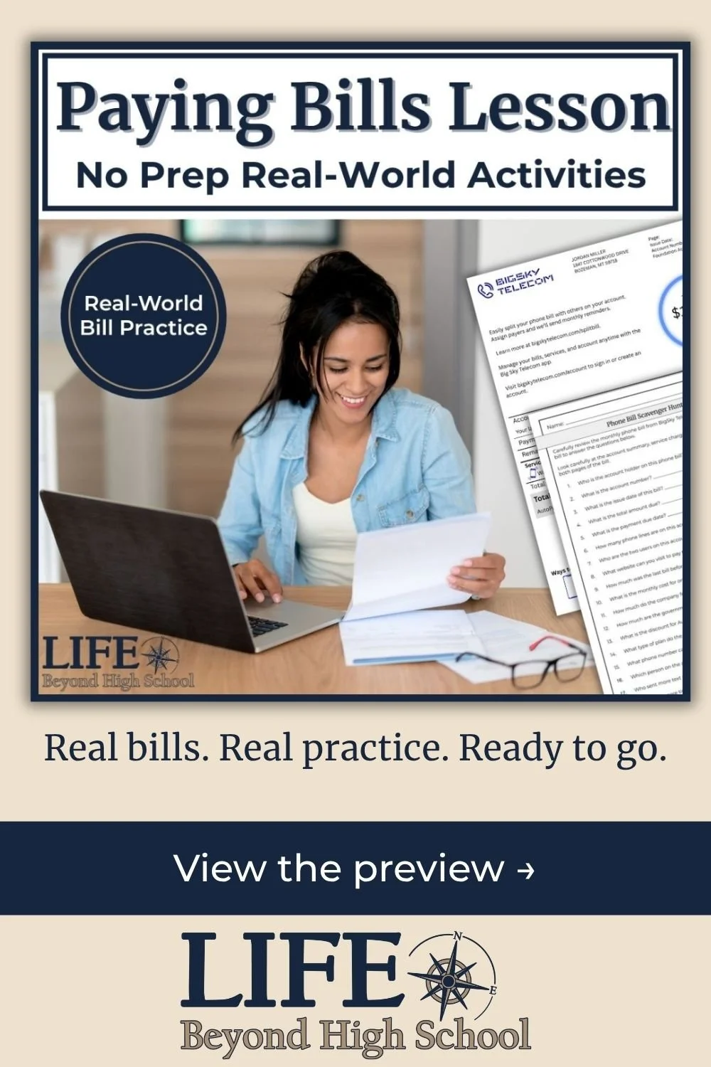 Bill paying lesson cover with "view the preview" CTA