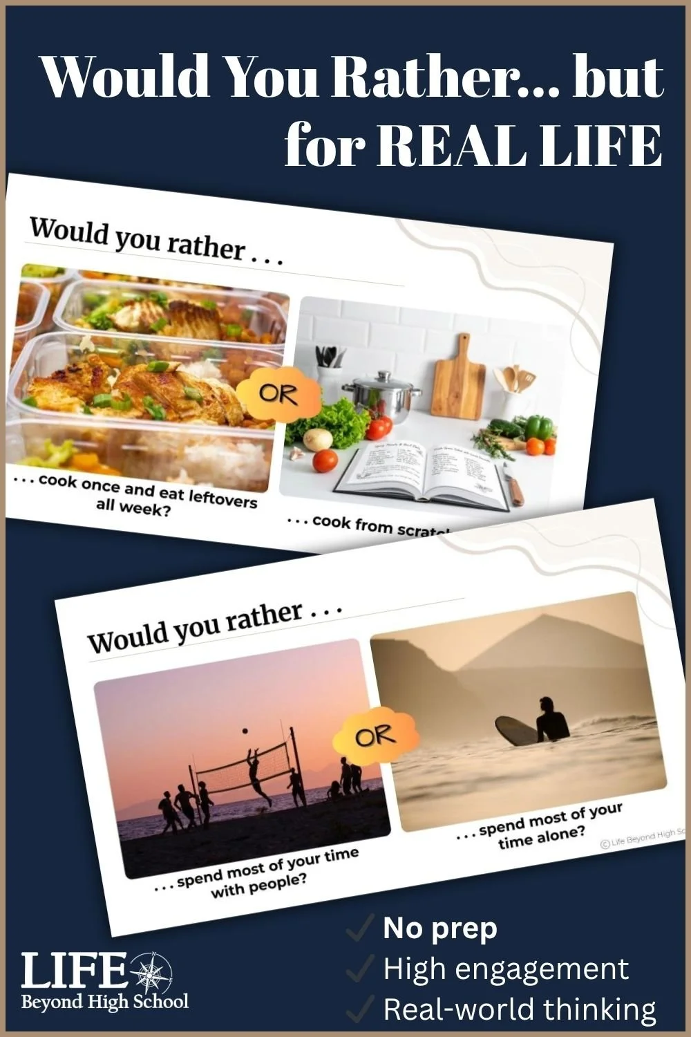 Two sample "this or that" slides with the title "Would You Rather... but for REAL LIFE"