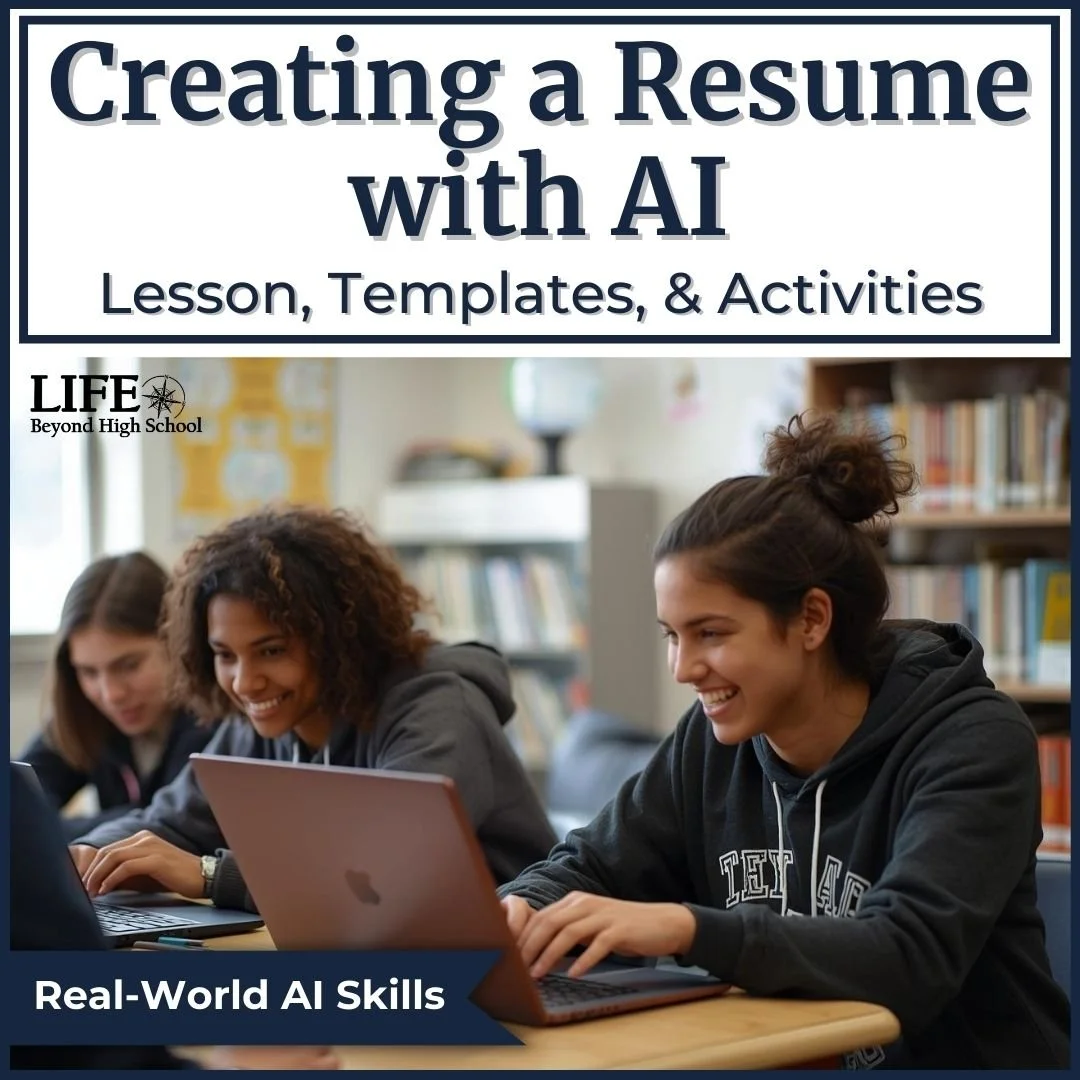 Creating a Resume with AI lesson cover featuring high school students working on laptops and a focus on real-world AI skills.