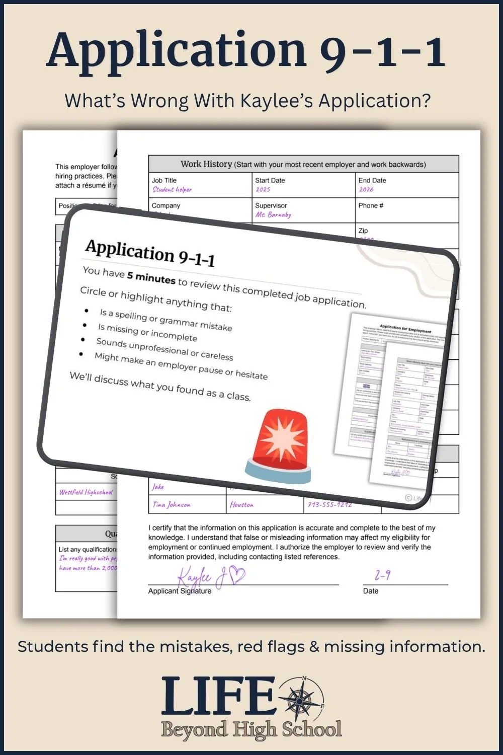 Application 9-1-1 activity where students review Kaylee's completed job application for mistakes, red flags, and missing information.