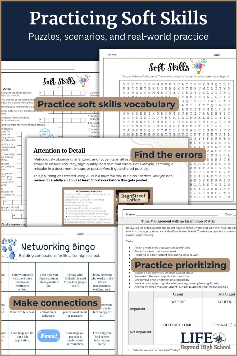 Sample student activities from soft skills for employment puzzle set.