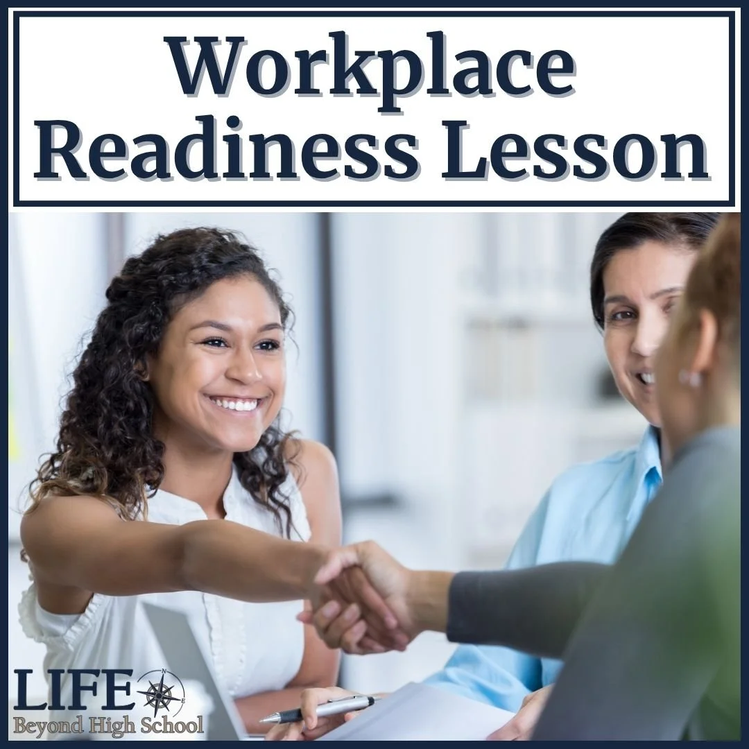 Young woman shaking hands with her new boss under title "Workplace Readiness Lesson"