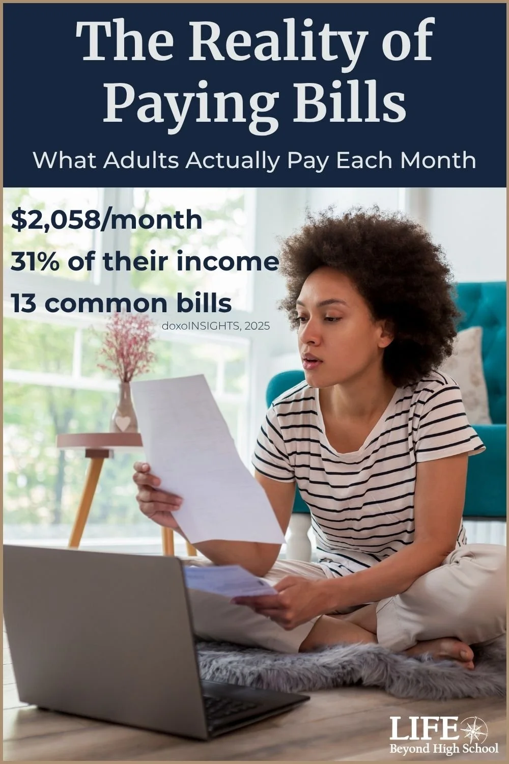 Paying bills graphic showing common monthly bills and household bill expenses for an adulting lesson.