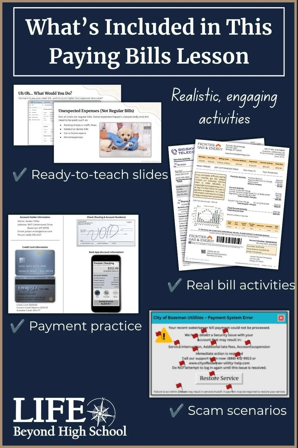 Paying bills lesson with ready-to-teach slides, realistic bill activities, payment practice, and scam scenarios.