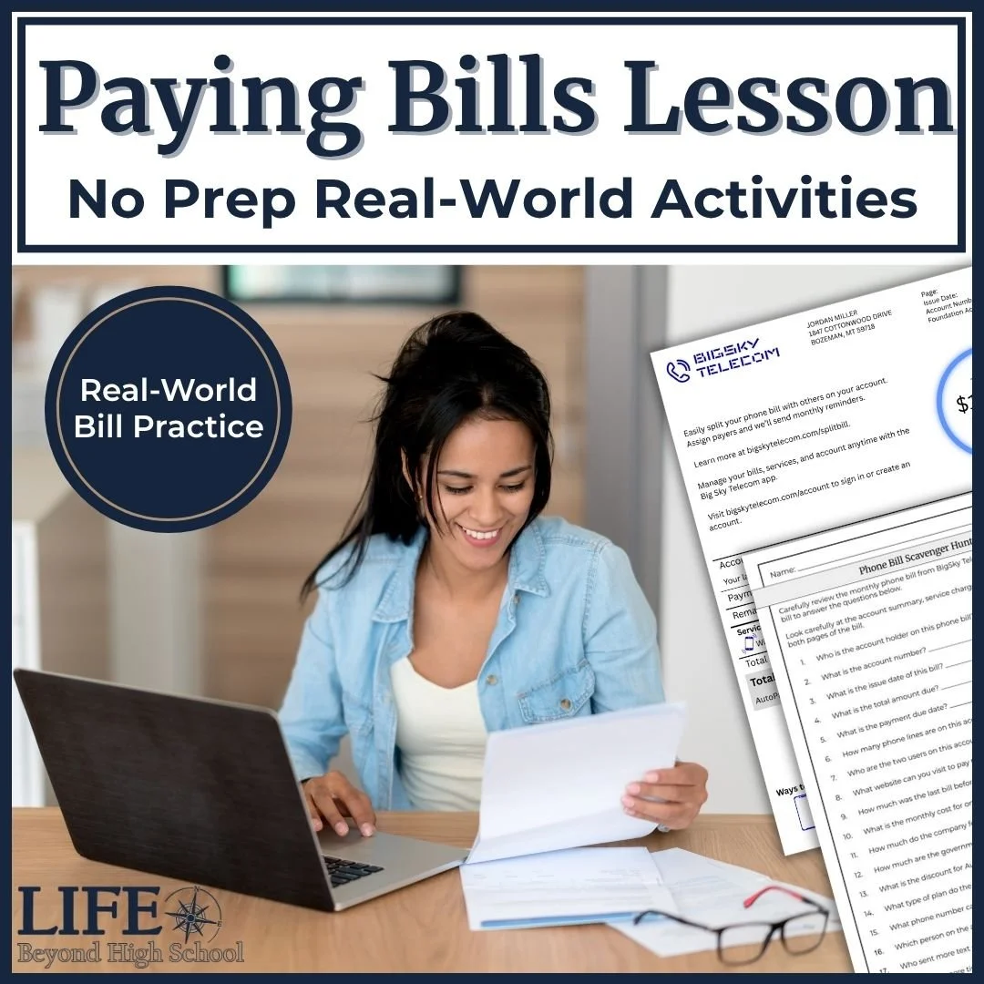 Paying bills lesson for high school students with real-world bill practice activities.