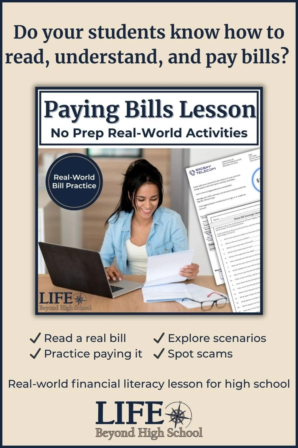 Paying bills lesson cover with heading "Do your students know how to read, understand, and pay bills?"
