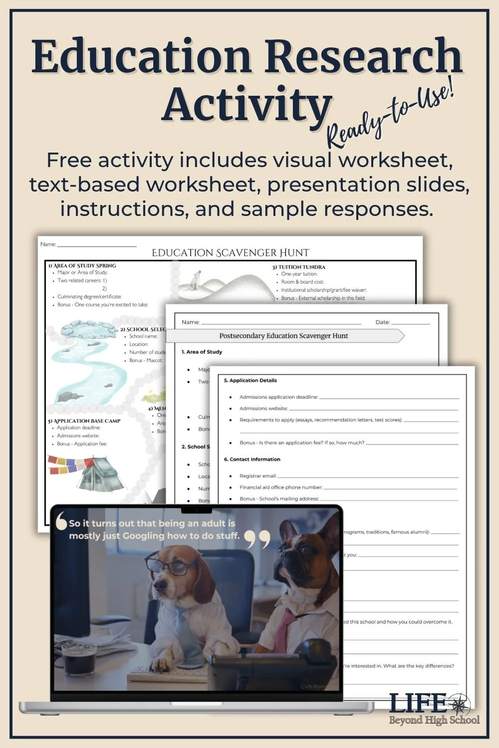 Education Scavenger Hunt includes visual map worksheet, standard text-based worksheet, teacher presentation, instructions, and sample responses.