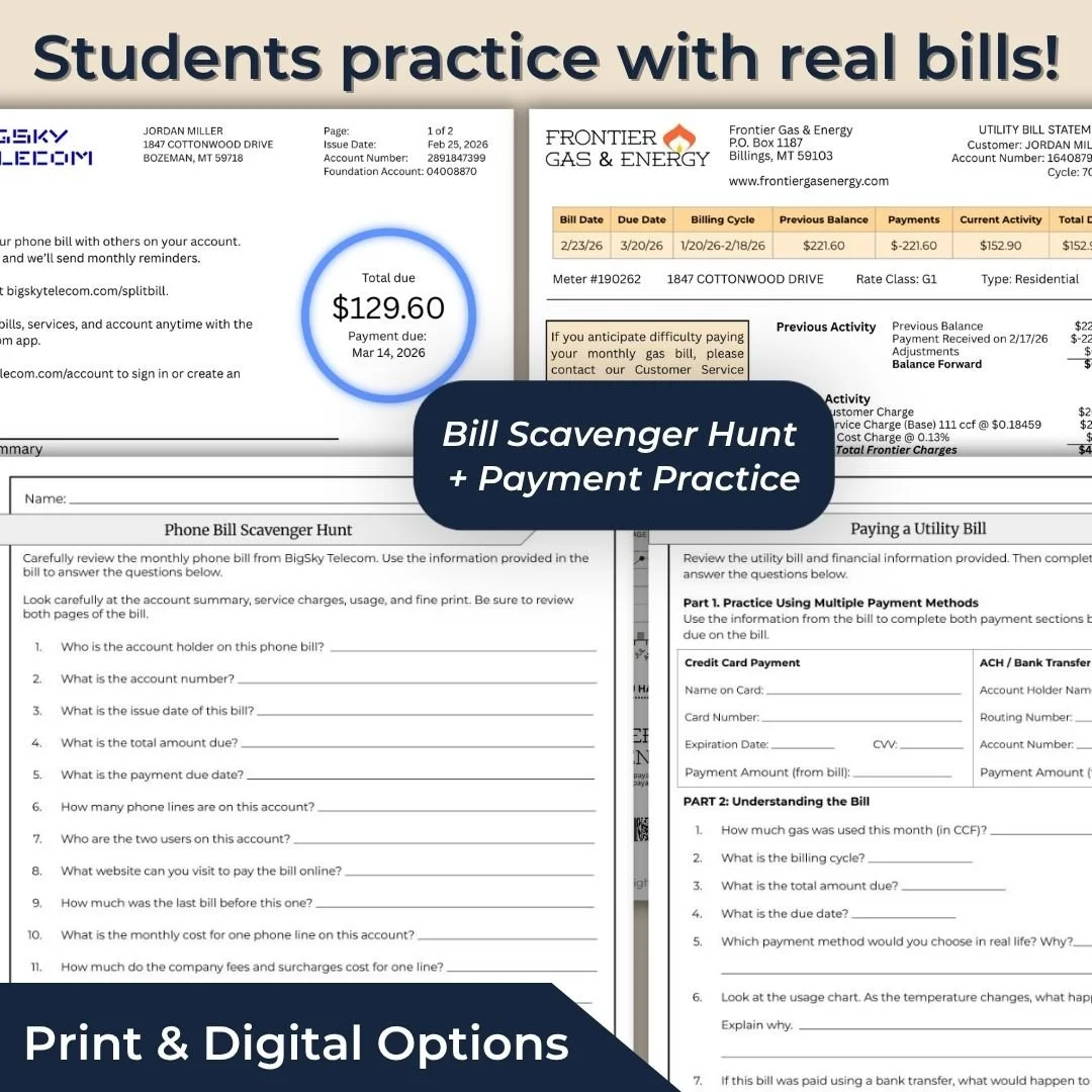High school students practice reading phone and utility bills with bill scavenger hunt and payment activities.