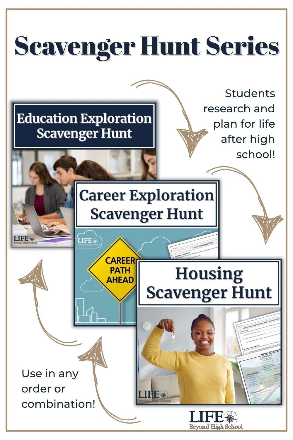 Scavenger hunt series showing education, career, and housing projects that can be used in any order or combination.