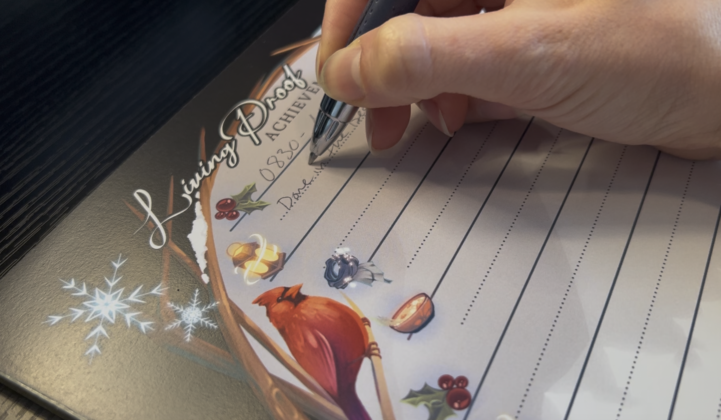 a winter-themed notepad being written on in pen