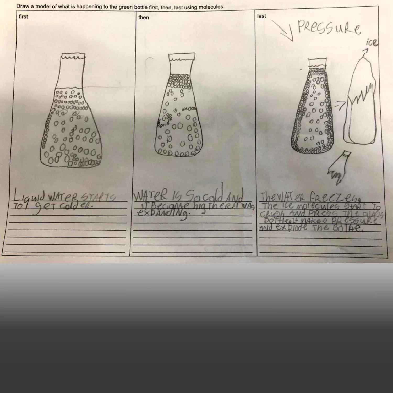  12. Sada's model showing the water molecules coming together at the sides of the bottle and exerting pressure.​ 