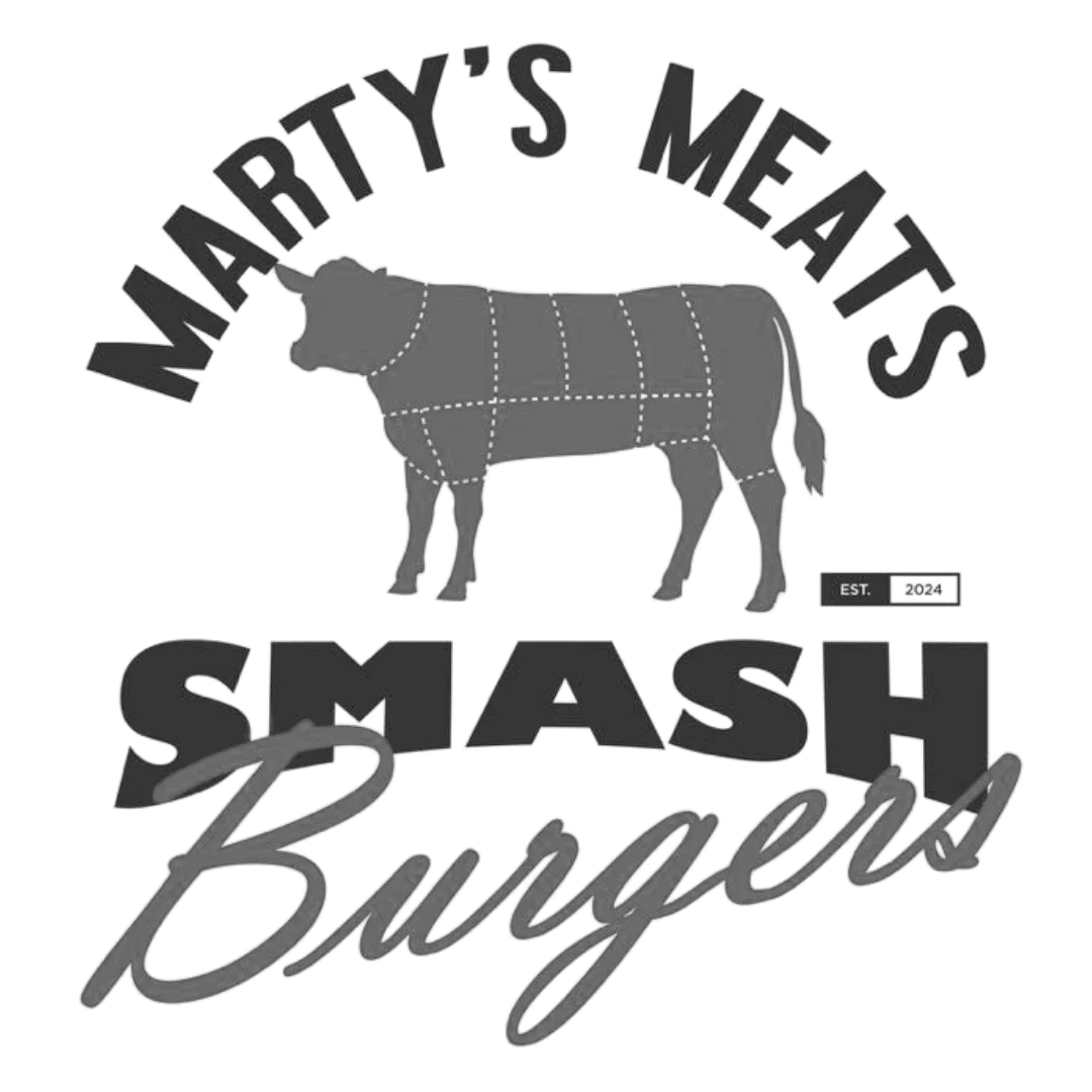 Logo for Manhattan's Meat Smash Burger featuring a stylized bear, a banner reading 'Manhattan's Meat,' the word 'SMASH' and 'Burger' in script.