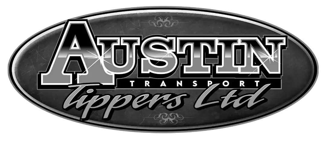 Black and white logo for Austin Transport Tippers Ltd with stylized text and decorative elements.