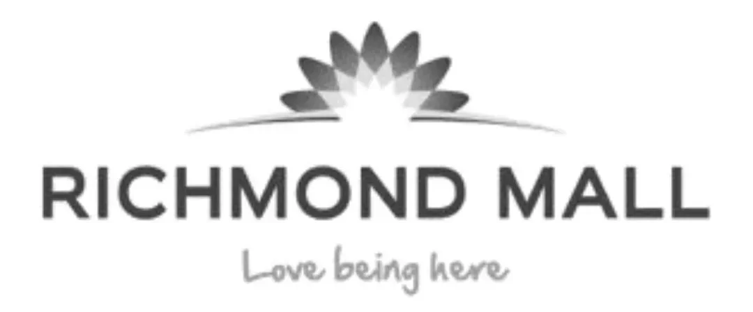 Black and white logo for Richmond Mall with a stylized flower above the mall name and the tagline 'Love being here'.