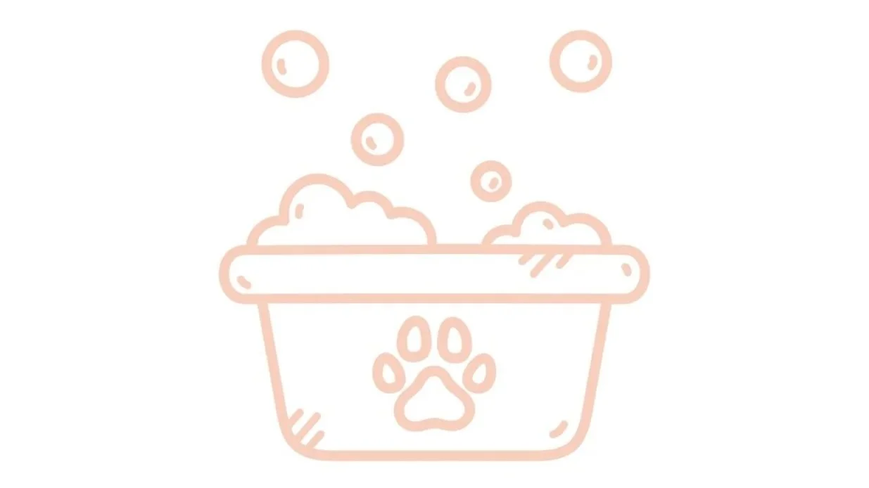 Outline drawing of a pet bath with soap bubbles and a paw print on the side.
