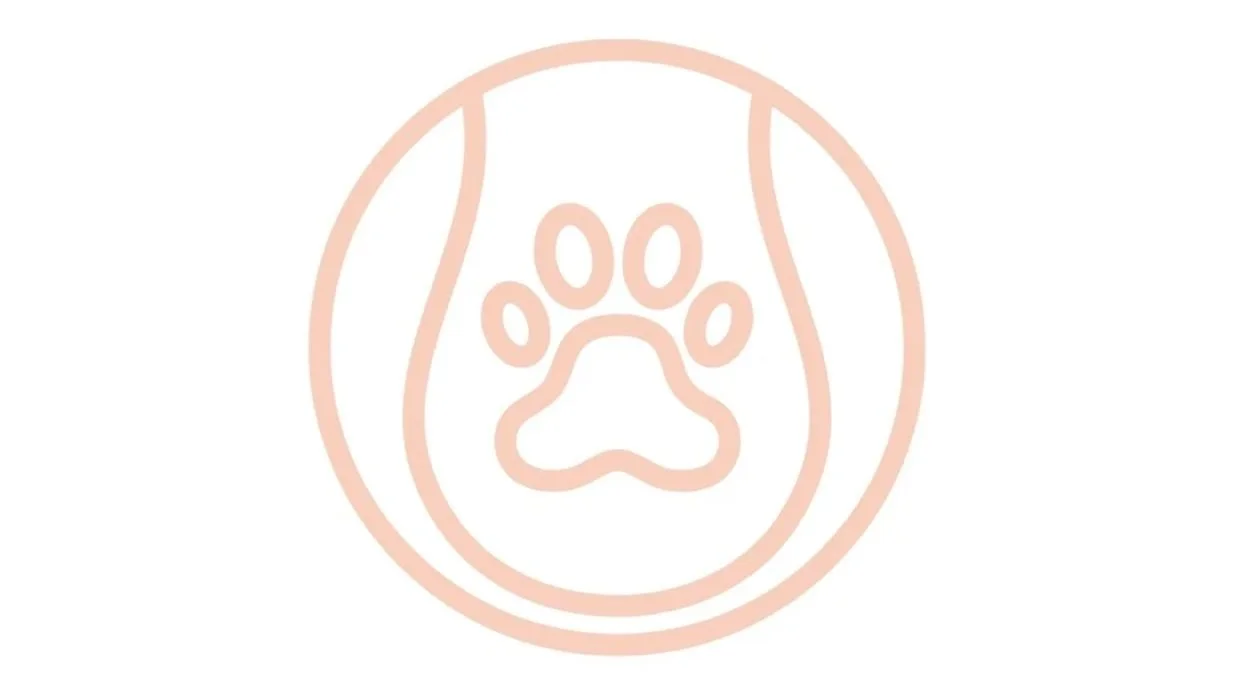 Outline of a paw print and a heart-shaped paw pad inside a circle in light pink