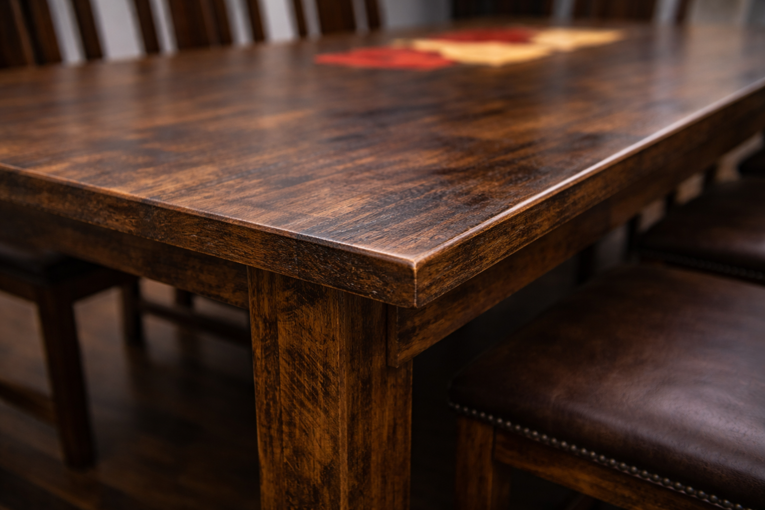 Close-up of a polished wooden dining table with a glossy surface, showing a corner and part of a neighboring chair with a cushioned seat.