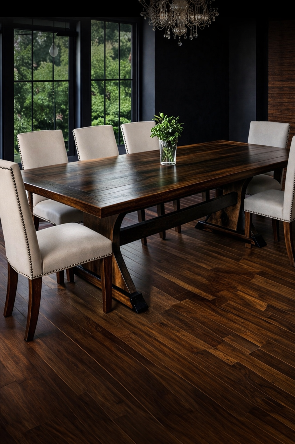 A dining room with a large wooden table, six beige upholstered chairs, a vase with green plants in the center, hardwood flooring, large windows showing outdoor greenery, and a chandelier hanging from the ceiling.