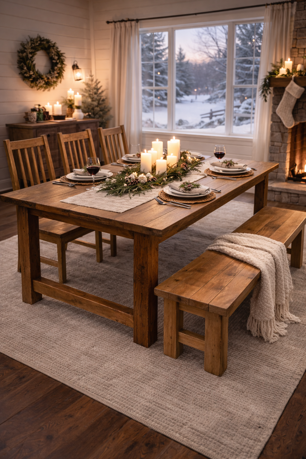 A cozy dining room decorated for Christmas with a wooden table set with plates, silverware, wine glasses, and a greenery and candle centerpiece. There are six chairs around the table, a blanket draped over a bench, and a snowy outdoor scene visible t