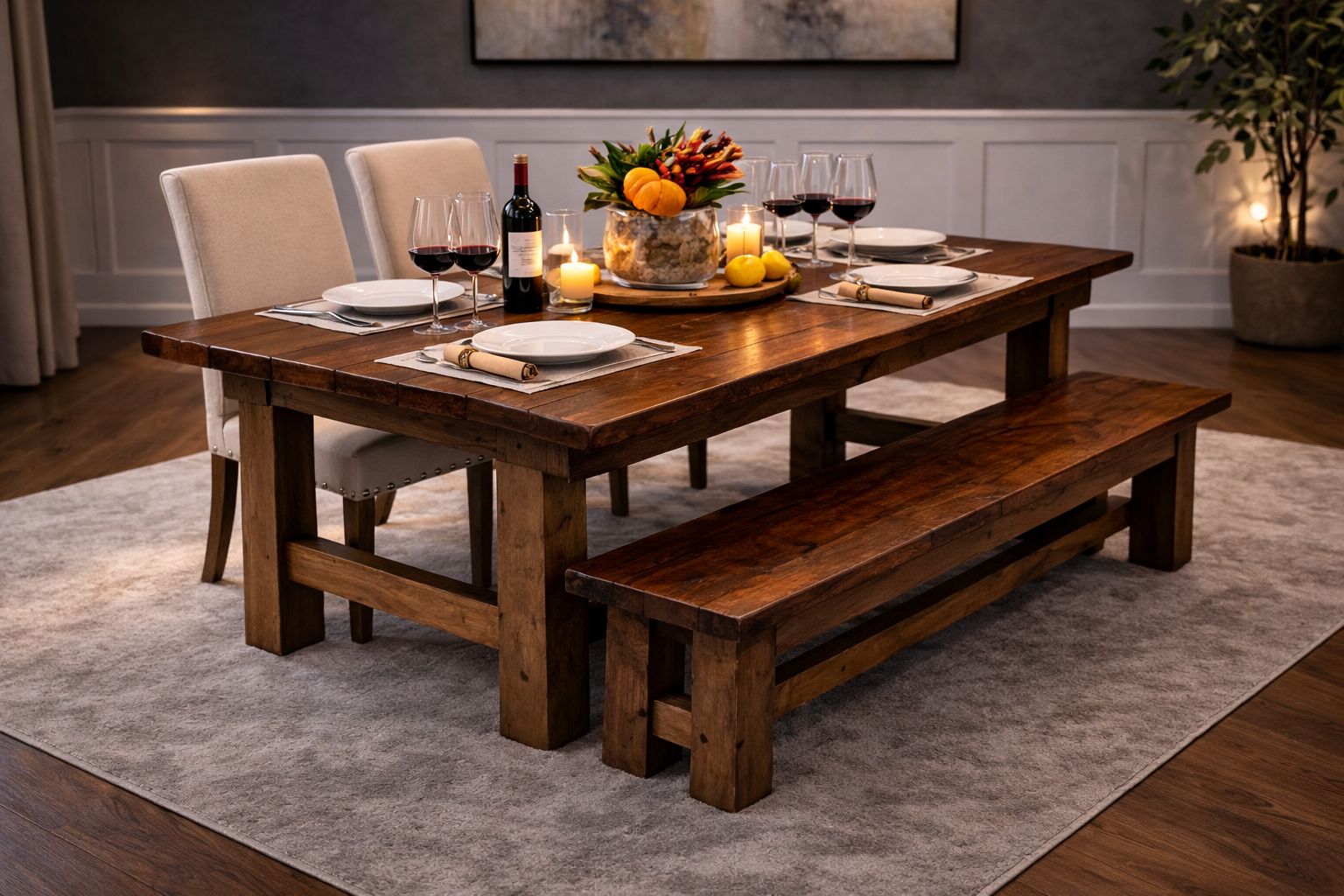 A rustic wooden dining table set for four, decorated with candles and a floral centerpiece, in a cozy dining room.